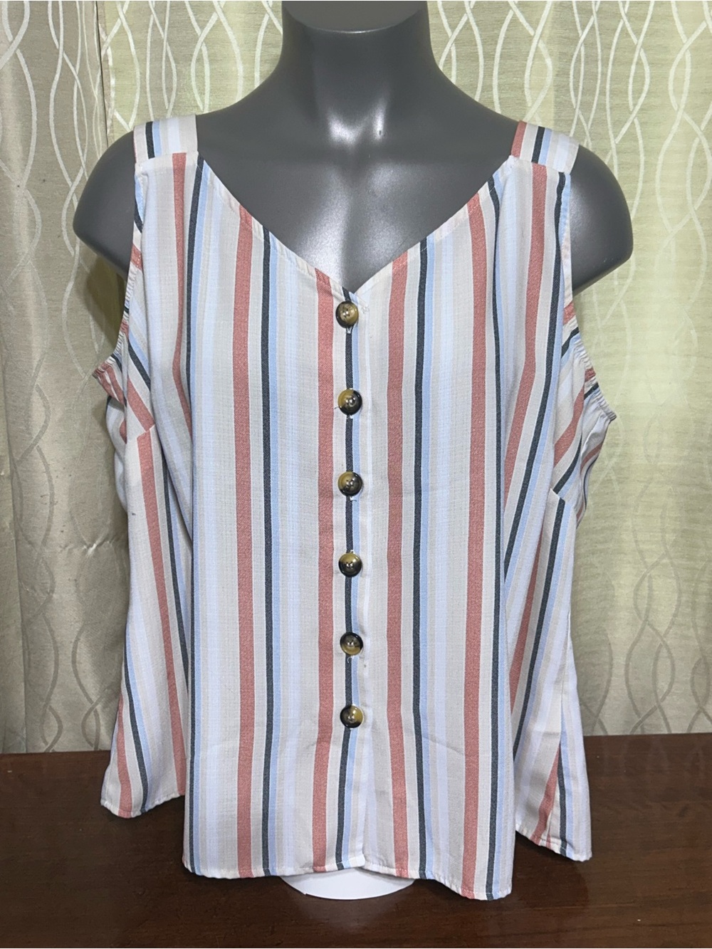 Warehouse One Striped Cold-Shoulder Button-Front Camisole - White, Rust & Blue